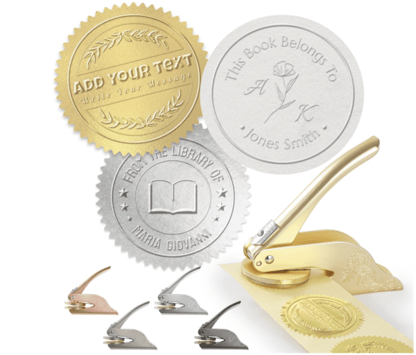 A collection of paper seals and tags with gold, silver, or bronze foil.